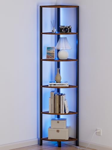 Furnulem 6 Tier Corner Shelf with LED Light, 67.5” Tall Standing Shelf Organizer, Narrow Bookshelf with Storage Rack for Wall Corner, Living Room, Bedroom, Metal Frame, Wood Display Shelf - color: Rustic Brown