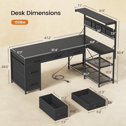Itaar L Shaped Gaming Desk with 5 Drawers and Storage Shelves, Reversible Computer Desk with Bookshelf for Home Office, L Shaped Corner Desk with LED Lights, Power Outlets and Storage Bag, Black - color: Black