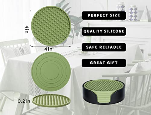 Coasters for Drinks 6 Pcs Plastic Coaster with Holder,Heat Resistant Silicone Cup Mat Tabletop Protection,Non-Slip Rubber Coasters for Kinds of Cups (Green) - color: Green-plastic Holder