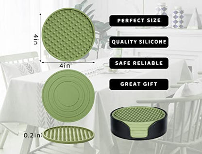Coasters for Drinks 6 Pcs Plastic Coaster with Holder,Heat Resistant Silicone Cup Mat Tabletop Protection,Non-Slip Rubber Coasters for Kinds of Cups (Green) - color: Green-plastic Holder