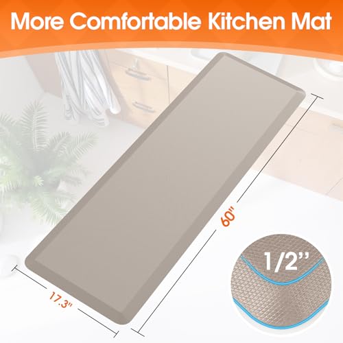 TranquilRelax Kitchen Mat, Thick Floor Comfort Anti-Fatigue Mat, Non-Slip, Water Resistant, Stain Resistant, Easy Clean, for Kitchen, Sink, Office,Home(17.3''x60'', Khaki) - color: Khaki, size: 60"L x 17.3"W x 0.5"Th
