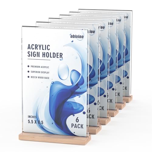 Acrylic Sign Holder 5.5x8.5 with Wood Base, Clear T shape Table Display Stands for Office, House, Store, Restaurants, and Event use, Double side Flyer Holder for Ads, Menu, Picture etc.(6 packs)