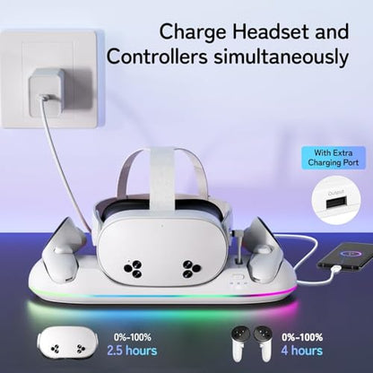 GearSpire Charging Dock Station for Quest 2/3/3S, White RGB LED Stand with USB-C Fast Charging, Controller Charger, VR Headset Accessories
