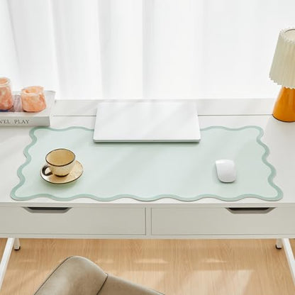 Sage Green Scalloped Desk Mat, 31.5" x 15.7", PU Leather, Waterproof Anti-Slip, Cute Aesthetic Desk Pad for Office/Home/Game/Vanity Large - color: Sage