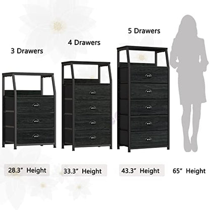 Furnulem Black Dresser with 5 Drawers, Vertical Storage Tower Fabric Dresser for Bedroom, Hallway, Entryway, Nursery, Closet Organizer, Nightstand Bedside Table Furniture, Sturdy Steel Frame, Wood Top - color: Black Oak, style: 5 Drawers