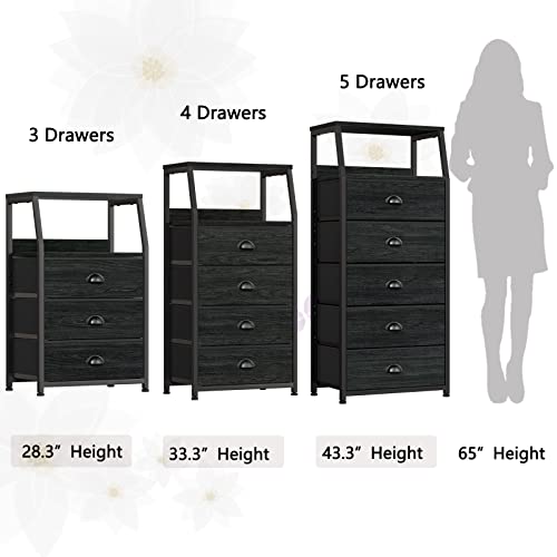 Furnulem Black Night Stand, Small Dresser for Bedroom, Nightstand with 3 Fabric Storage Drawers and 2-Tier Shelf, End Table Side Furniture for Closet, Hallway, Nursery, Sturdy Steel Frame, Wood Top - color: Black Oak, style: 3 Drawers