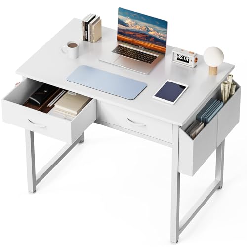 DUMOS 32" Home Office Computer Desk with Drawers, Small Gaming Writing Study Table with Storage Side Bag, Headphone Hook and Adjustable Feet for Bedroom White - color: White, size: 32-In