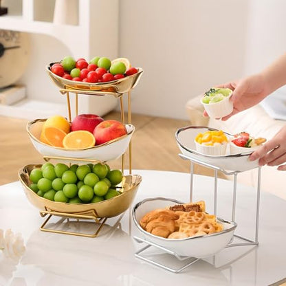Gold Silver Fruit Bowl with Metal Stand, 3 Tier Ceramic White Fruit Bowl Fruit Rack for Kitchen Counter, Tiered Fruit Basket for Snacks Bread Candy Storage (Silver (Smooth Surface)) - color: Silver (Smooth Surface)