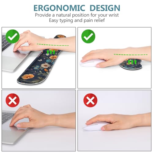 DINKY Desk Mat Keyboard Mouse Pad Set, Large Gaming Mouse Pad +Keyboard Wrist Rest +Mousepad with Wrist Rest +Coaster, Ergonomic Non-Slip 4 in 1 Combo, Flowers Plants Butterflies - color: Flowers Plants Butterflies