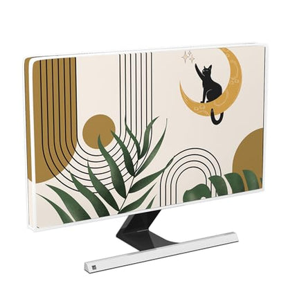 Boho Moon Cat Waterproof Television Cover 32 Inch Bohemian Green Plants Striped TV Dust Cover Antistatic Television Covers Dustproof TV Screen Covers for Television LED LCD OLED - color: green and yellow, size: 32 Inch