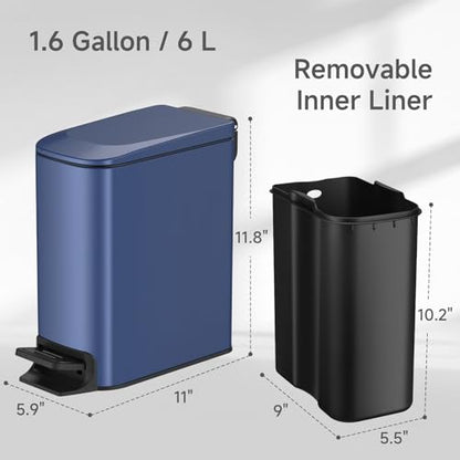 TIPGO Slim Bathroom Trash Can with Lid Soft Close, Step Pedal, 6 Liter / 1.6 Gallon Stainless Steel Trash Bin, Small Garbage Can for Bedroom, Office, Kitchen (Navy Blue) - color: Navy Blue