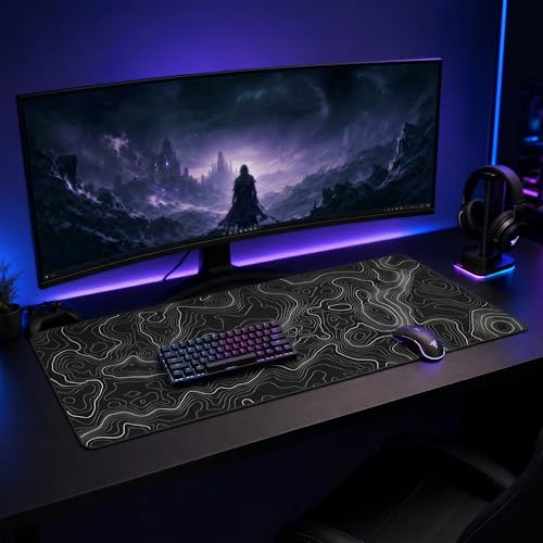 AQQA Large Mouse Pad Mat (35x17 in) Extended XXXL Gaming Mouse Pad with Non-Slip Rubber Base,Background Topographic Map Lines Contour Geographic for Gaming Office Laptop Computer Men Women - color: Black, size: 17L x 35W inches