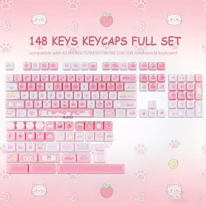 Ceramic Jade Cat Keycaps, 142 Keys Translucent Pink Meow Meow Cute Keycaps Mao Profile Custom Keycap with Keycap Storage Box for Cherry Gateron MX Swithes Mechanical Keyboards - color: Meow Meow Pudding