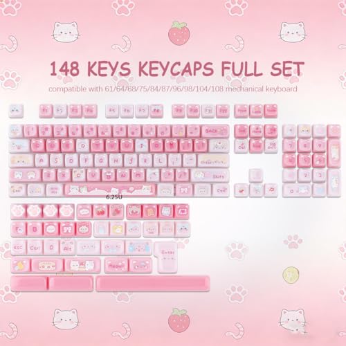 Ceramic Jade Cat Keycaps, 142 Keys Translucent Pink Meow Meow Cute Keycaps Mao Profile Custom Keycap with Keycap Storage Box for Cherry Gateron MX Swithes Mechanical Keyboards - color: Meow Meow Pudding