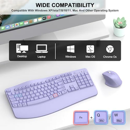 Wireless Keyboard and Mouse Combo, 2.4G Full Size Wave Keys Ergonomic Keyboard with Wrist Rest and 3-Level DPI Adjustable Wireless Ergonomic Mouse for Windows, Mac OS Desktop/Laptop/PC(Purple) - color: purple