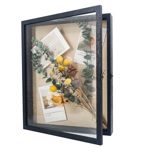 GraduationMall 13x16 Wood Shadow Box Frame Glass Door Display Case with Linen Back and 6 Stick Pins,1.5 inches Interior Depth,Ideal for Memorabilia Pictures Flowers Medals Tickets Rustic Black - color: Rustic Black, size: 13x16