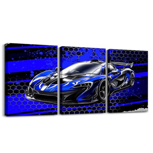 Feelyou Kids Boys Race Car 3 Piece Canvas Wall Art for Living Room Teens Racing Car Wall Decor for Bedroom Office Blue Cool Speed Sports Car Ready to Hang Pictures Home Decor 3 Pieces 12x16 Inch - color: Deep Black and Blue