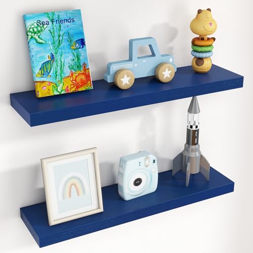fuqing 30 Inch Floating Shelves, Dark Blue Floating Shelves for Wall Set of 2, 30'' Long Wooden Wall Shelves for Living Room Bedroom Kids' Room Boys' Room - Dark Blue - color: Dark Blue, size: 30 Inch