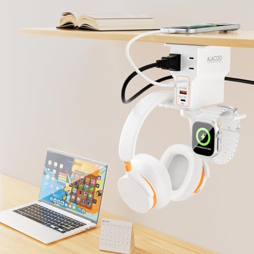 Gaming Headphone Stand with Charging Station - Aluminum Hooks Headphone Holder, Under Desk Headset Stand, 3 USB & AC Outlet, Surge Protector & Cable Organizer, Gift for Girl/Men - color: White