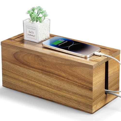 Acacia Wood Cable Management Box - Cable Organizer Box - 2 Open Slots Cords Hider Box - Under Desk Cord Organizer for Power Strip Extension Cord Surge Protector Charger Wire - color: Acacia, size: Medium