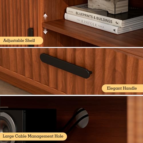 LCRBOL TV Stand for up to 70" TV, Mid-Century Entertainment Center, Walnut | 63"W x 15.4"D x 25"H, 2 fluted cabinets, 1 drawer & open shelves, top holds 200 lbs, cable management, ~90 min assembly - color: Brown
