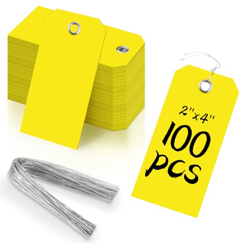 100 Yellow Plastic Shipping Tags - 2x4 inch Heavy Duty with Wires, Reinforced, Waterproof, Ideal for Gift, Luggage, Garage, Inventory - color: Yellow