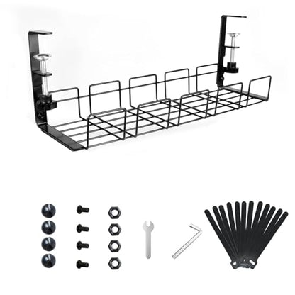 Under Desk Cable Management Tray No Drill 2pack Kit- 15.7'' Long 5.1'' Wide Tray, Steel Cord Organizers, 4 Cable Holder, 12 Roll Cable Organizer Straps, No Drill, No Damage to Desk(Black)