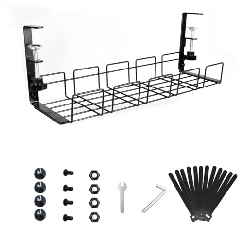 Under Desk Cable Management Tray No Drill 2pack Kit- 15.7'' Long 5.1'' Wide Tray, Steel Cord Organizers, 4 Cable Holder, 12 Roll Cable Organizer Straps, No Drill, No Damage to Desk(Black)