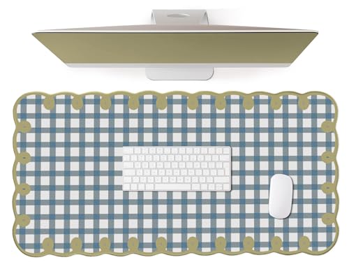 Cute Blue Green Scalloped Desk Mat Checkered Large Mouse Pad Kawaii Vintage Farmhouse-Inspired Cottagecore Office Desk Decor Stitched Nonslip Pad for Computer Keyboard & Mouse 31 * 15.7in - color: A7- Blue