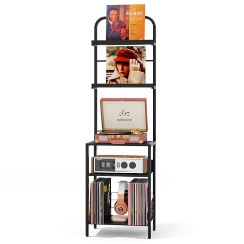 Homsorout Record Player Stand with Vinyl Storage - 5-Tier Turntable Table with Adjustable Feet, Metal & Wood Cabinet - Console Organizer Display Shelf for Living Room, Apartment - style: Black Without Socket