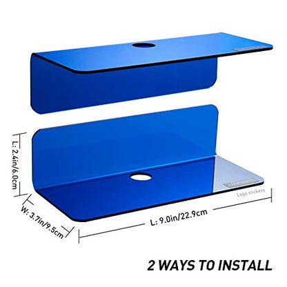 OAPRIRE Small Floating Wall Shelves Set of 2 - Personalize&Easily Expand Wall Space - 9 Inch Acrylic Wall Shelf for Bedroom, Gaming Room, Living Room, Bathroom, Office, with Cable Clips - Clear Blue - color: Blue