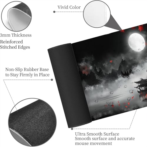 Maple Desk Mat Red Moonlit Chinese Landscape Night Mist Zen Mousepad XL Large Gaming Mouse Pad Laptop Keyboard Mat Desk Pad Great for Work-from-Home or Office Use 31.5x11.8 Inch - color: Maple