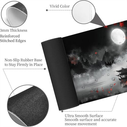 Maple Desk Mat Red Moonlit Chinese Landscape Night Mist Zen Mousepad XL Large Gaming Mouse Pad Laptop Keyboard Mat Desk Pad Great for Work-from-Home or Office Use 31.5x11.8 Inch - color: Maple