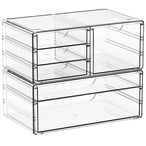 Yieach 2 Pack Acrylic Drawer Organizer With 6 Drawers,Stackable 11.1” Large Clear Storage Drawers and Makeup Organizer For Vanity,Bathroom Countertop,Cabinet,Pantry,Office Supply Storage Bins Drawers - size: large 6 Drawers