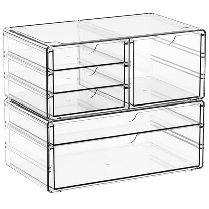 Yieach 2 Pack Acrylic Drawer Organizer With 6 Drawers,Stackable 11.1” Large Clear Storage Drawers and Makeup Organizer For Vanity,Bathroom Countertop,Cabinet,Pantry,Office Supply Storage Bins Drawers - size: large 6 Drawers