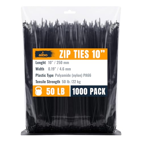 ALBO Zip Ties Black 10 Inch 1000 Pack 50 lb, Long Plastic Cable Ties Thick 0.19 Inch Tie Wraps Heavy Duty UV Resistant Nylon Wire Ties for Indoor and Outdoor - size: 10" Black 1000 Pack 50lb