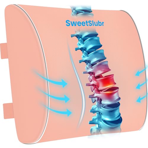 SweetSlubr Lumbar Support Pillow for Office Chair, Car & Gaming Chair, Ergonomic Memory Foam Cushion for Back Comfort, Zoned Back Support, Double Adjustable Straps, Breathable Washable Cover, Pink - color: Pink, size: Large