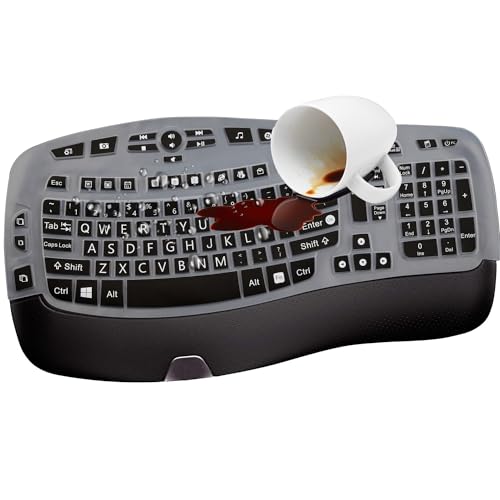 MUBUY-GOL Large Print Keyboard Cover for Logitech K350 Wireless Wave Keyboard, MK570, MK550; Black Silicone; Water Resistant, Dust Proof, Washable - color: black color
