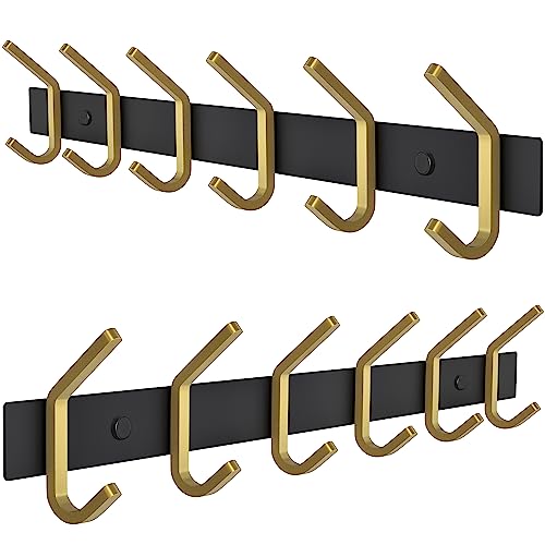 Coat Rack Wall Mount – Black and Gold Hook Rail with 6 Double Coat Hooks, 17 Inch Stainless Steel Wall Hooks for Entryway, Bathroom, Bedroom, Closet, Towel, Hat, Bag, Heavy Duty Organizer - 2 Pack - color: Black + Gold, size: 6 Hooks - 2 Pack