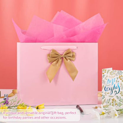 Powbrace Pink Bags with Handles, 13" Medium Gift Bag Set - 2 Gift Bag with Bow, 4 Tissues & Greeting Card for Wedding Baby Shower Fathers Day Mothers Day Birthday Party - color: 2Pcs Bright Pink Glossy – General Purpose, size: 1 count (Pack of 1)