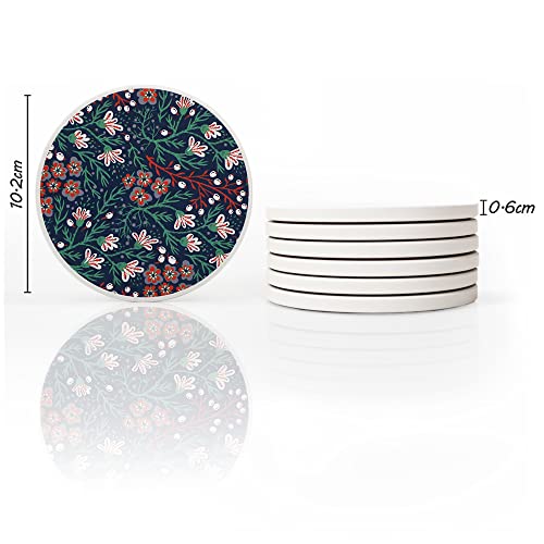 AD Set of 6 Coasters for Drinks Absorbing Round Ceramic Stone Coaster with Cork Base,Tabletop Protection Mat for Mugs and Cups,Office,Kitchen (Dark Garden with Holder) - style: Dark Garden with Holder