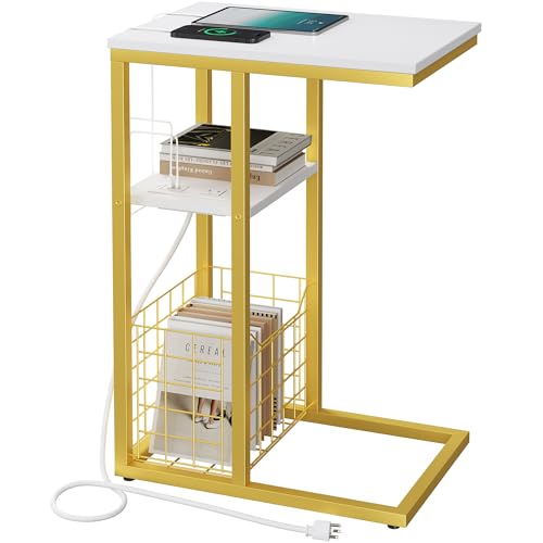 Vagusicc C Shaped End Table with Charging Station, Side Table for Couch, Small Side End Table for Small Spaces, 28" High Slide Under Sofa Table for Coffee, Tv Tray Table for Living Room, Golden - color: Golden