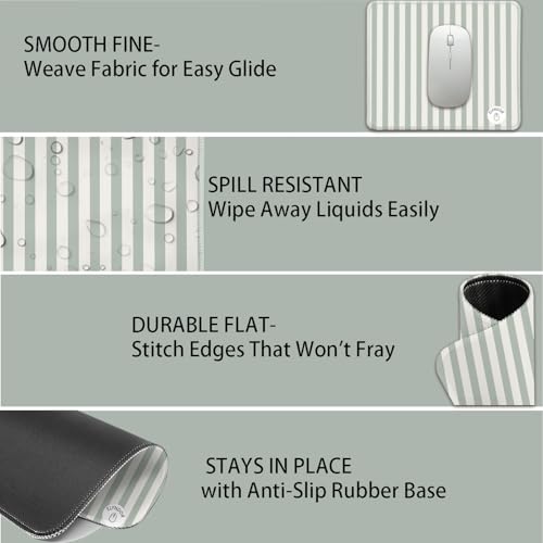Mouse Pad for Desk with Stitched Edge, Premium Cute Washable Mouse Pads. Computer Mousepad with Non-Slip Rubber Base, Mousepads for Laptop, 9.25x7.75x0.12 inch (Green Stripes) - color: Green Stripes