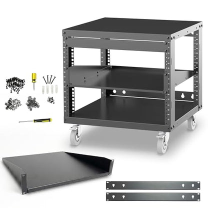 AxcessAbles 8U Open Frame Network & AV Rack with Caster Wheels, One 1U Shelf, 10-32 & Cage Nut Compatible Rails, Cage Nuts, Screws, Cage Nut Tool & Wall Mount Kit | 19-Inch Rack - size: 8U - 1 Shelf