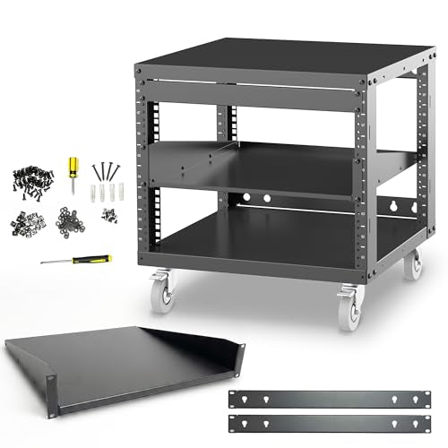 AxcessAbles 8U Open Frame Network & AV Rack with Caster Wheels, One 1U Shelf, 10-32 & Cage Nut Compatible Rails, Cage Nuts, Screws, Cage Nut Tool & Wall Mount Kit | 19-Inch Rack - size: 8U - 1 Shelf