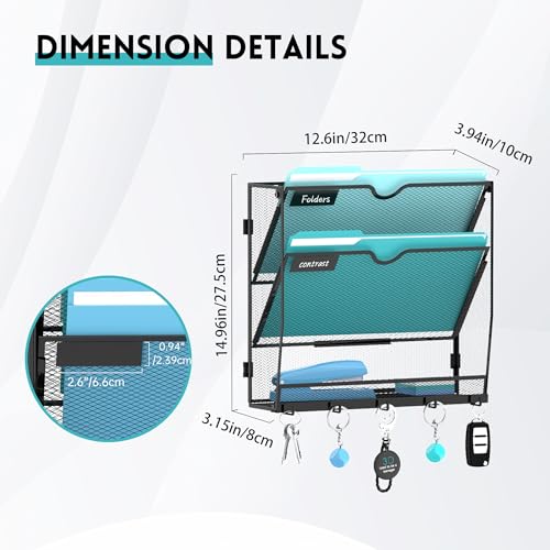 Wall File Organizer - Hanging File Organizer with 5 Hooks, Mail Holder Wall Mounted for Papers, Folders, Magazines, Bills, 3 Tier Office&School Organization, Black - color: Black, size: 3 Tier