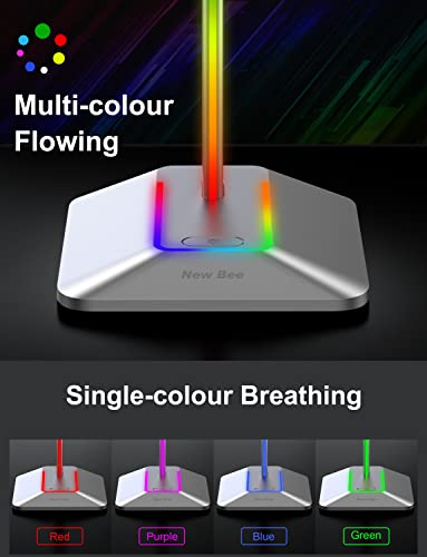 New Bee RGB Headphone Stand with 1 USB-C Charging Port and 1 USB Charging Port, Desk Gaming Headset Stand with 7 Light Modes and Non-Slip Rubber Base Suitable for All Earphone Accessories (Silver) - color: Silver
