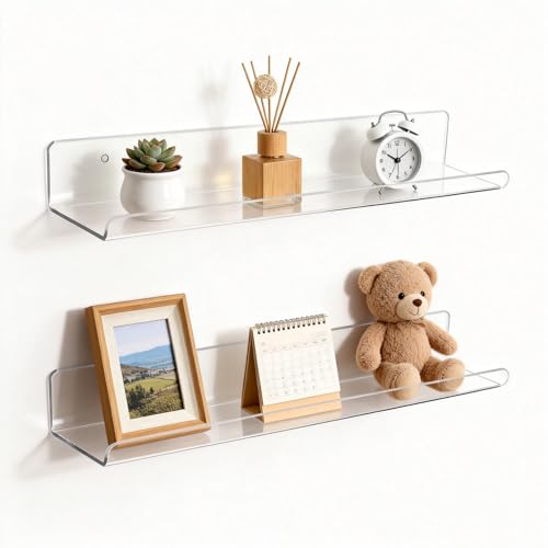 ROYALITA Small Acrylic Shelves Wall Mounted | Set of 2 | 17 Inches | Wall Hanging Plant Display Shelves, Room Decor Floating Wall Shelves for Gaming Room Bedroom, Living Room, Office, Clear - color: Clear, size: 17 Inch