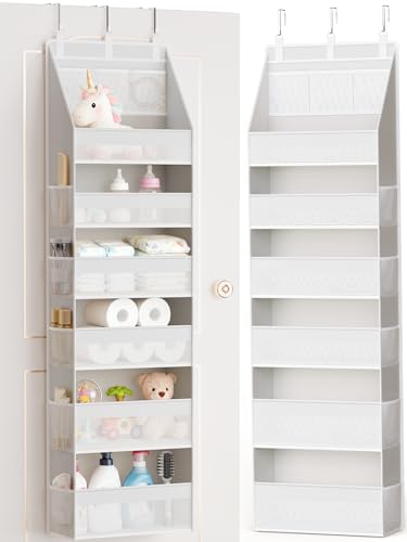 Criusia Over the Door Organizer, Heavy-Duty 6-Shelf Hanging Storage with 13 Mesh Pockets, 55lbs Capacity Behind the Door Storage for Nursery, Bathroom, Bedroom, and Dorm, White - color: White, size: 1 PACK