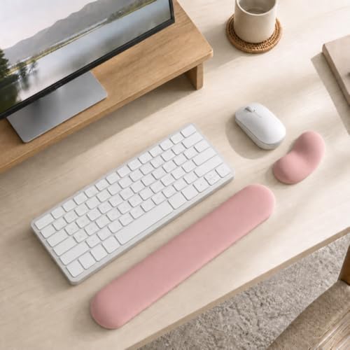 Ergonomic Wrist Rest Set for Keyboard and Mouse | Cooling Gel & Slow-Rebound Memory Foam Palm Support Pad | Luxe Leather, Minimalist, Non-Slip PU Base for Office, Laptop & Gaming (01Pink) - color: 01pink